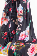 Black Blossom Floral Printed Satin Crepe Saree