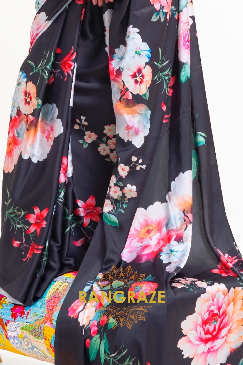 Black Blossom Floral Printed Satin Crepe Saree