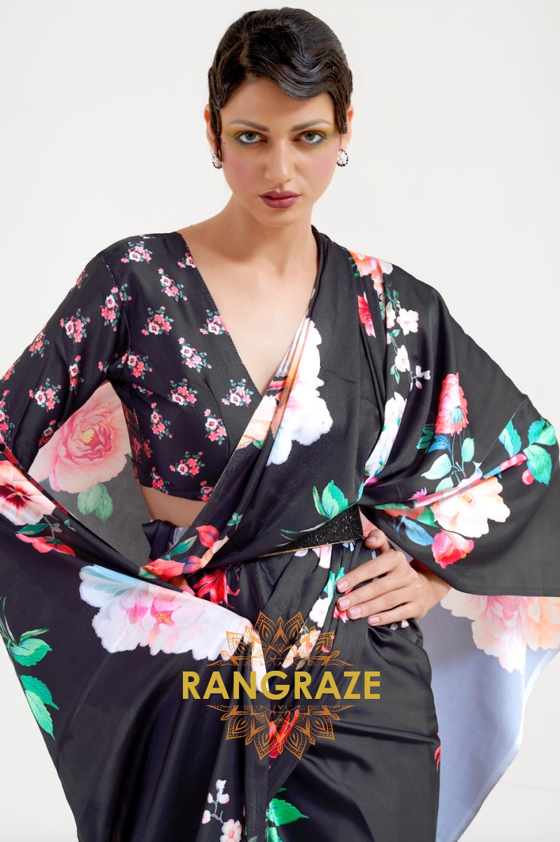 Black Blossom Floral Printed Satin Crepe Saree