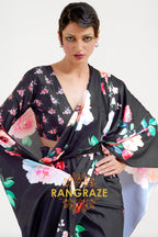 Black Blossom Floral Printed Satin Crepe Saree