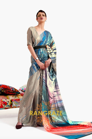 Olive Grey Printed Satin Crepe Saree