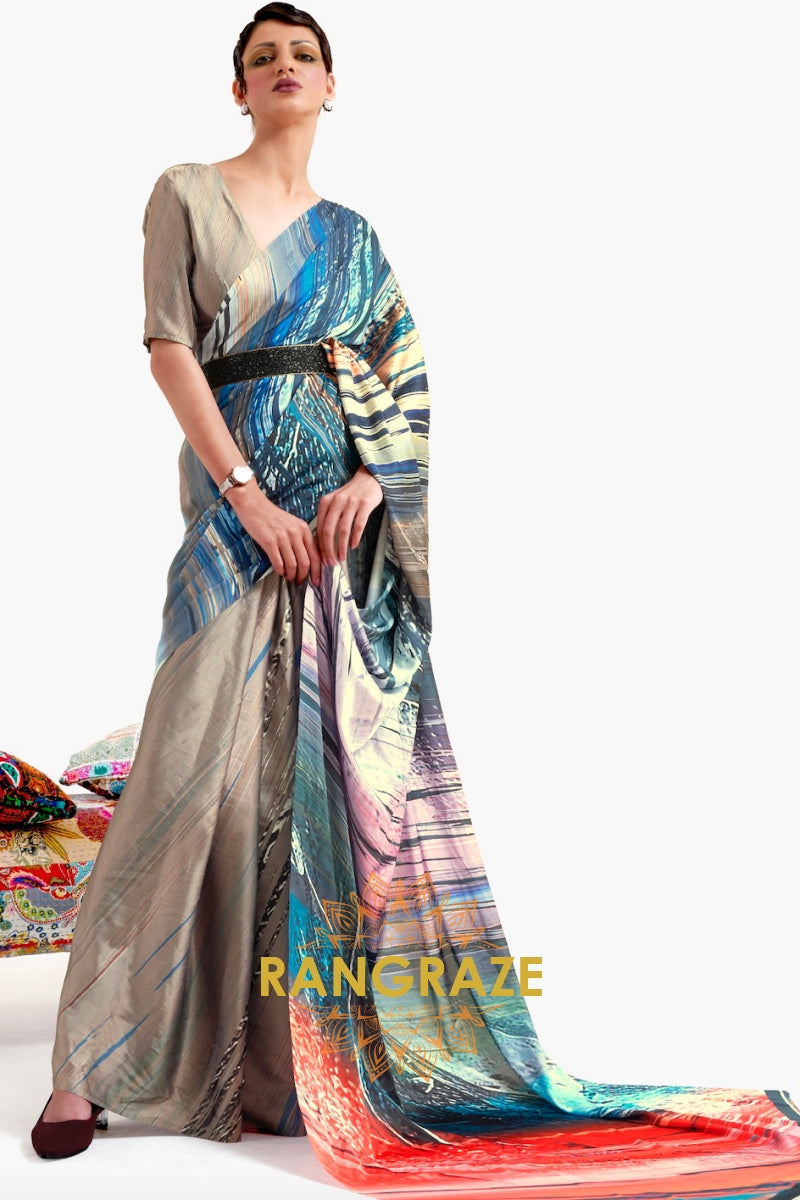Olive Grey Printed Satin Crepe Saree