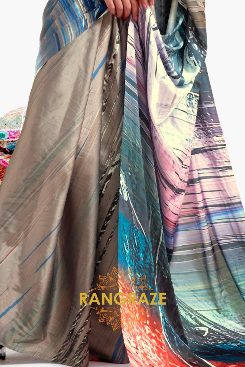 Olive Grey Printed Satin Crepe Saree