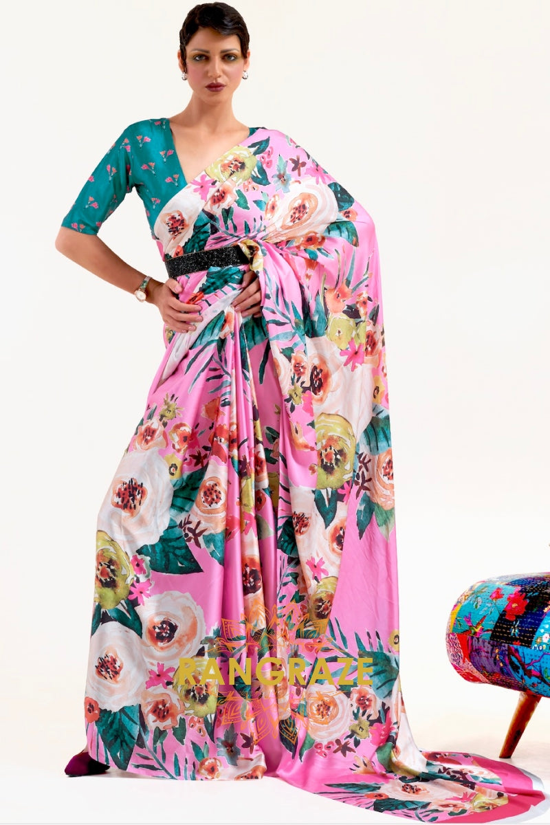 Rose Pink Blossom Printed Satin Crepe Saree