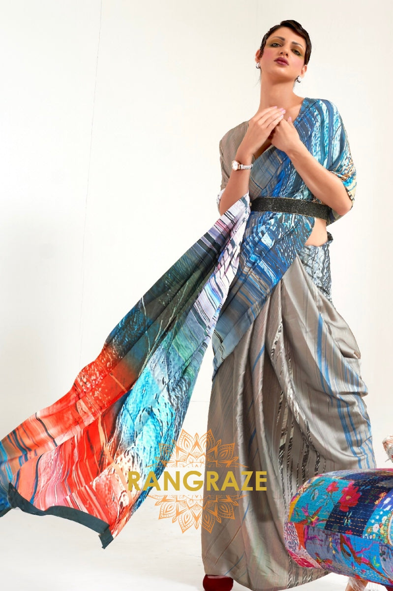 Olive Grey Printed Satin Crepe Saree