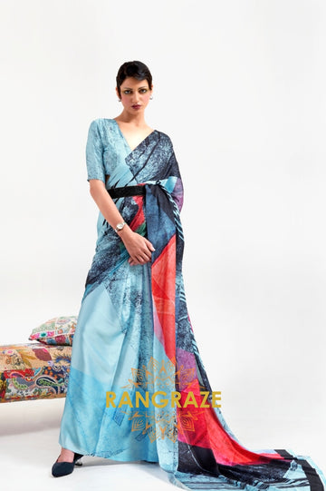 Bright Azure Blue Printed Satin Crepe Saree