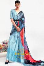 Bright Azure Blue Printed Satin Crepe Saree