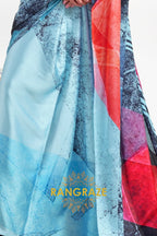 Bright Azure Blue Printed Satin Crepe Saree