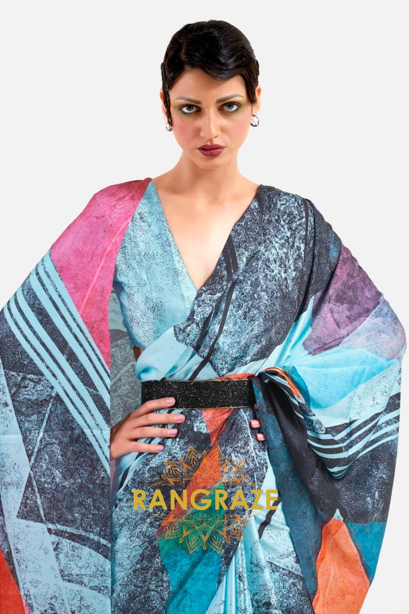 Bright Azure Blue Printed Satin Crepe Saree