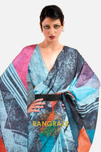 Bright Azure Blue Printed Satin Crepe Saree