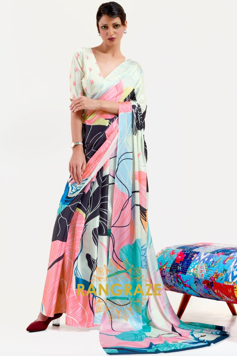 Multi Color Printed Satin Crepe Saree