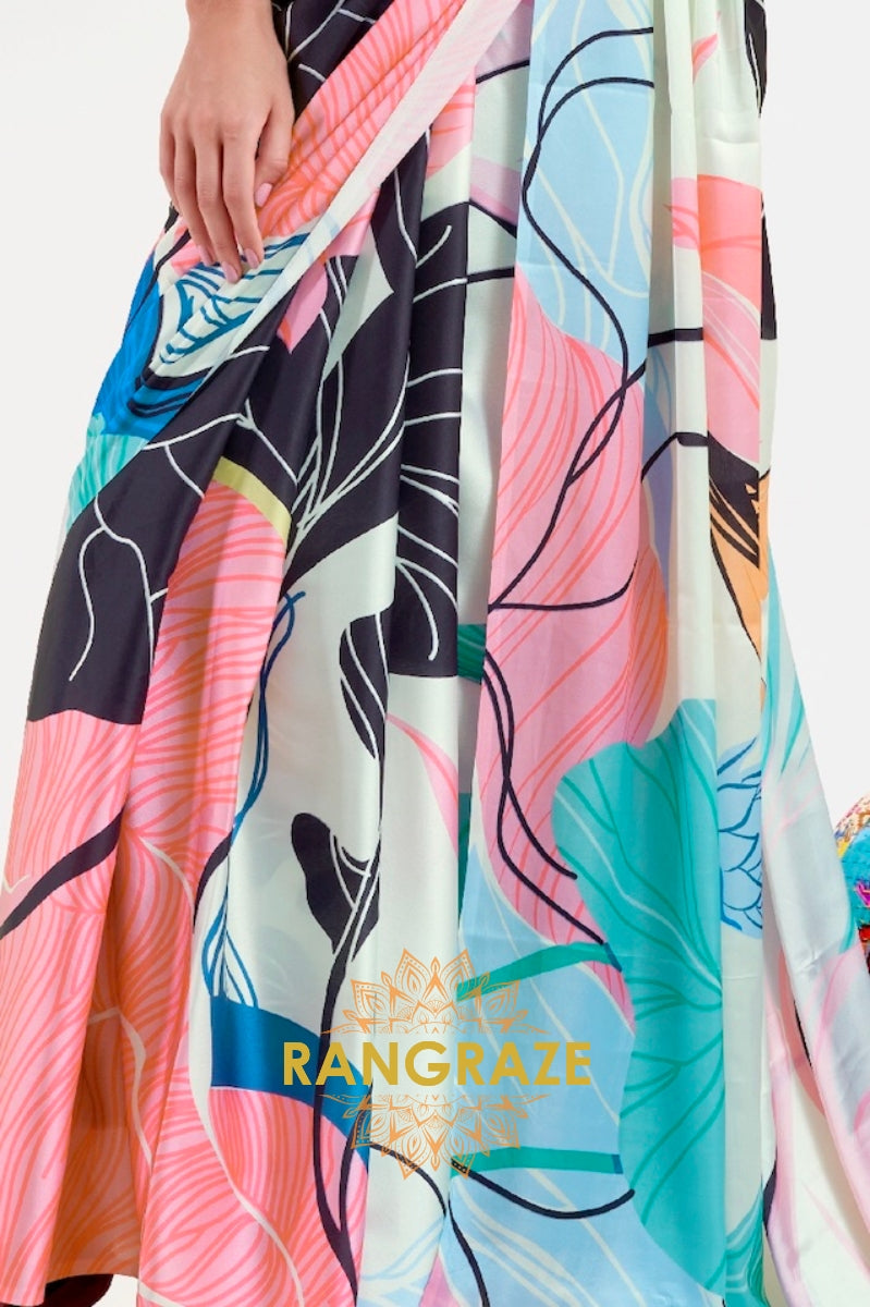 Multi Color Printed Satin Crepe Saree