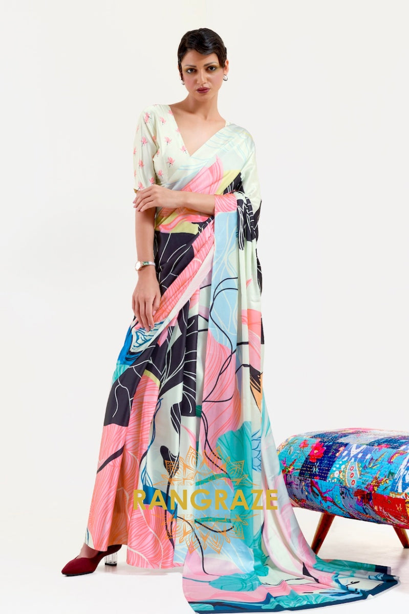 Multi Color Printed Satin Crepe Saree