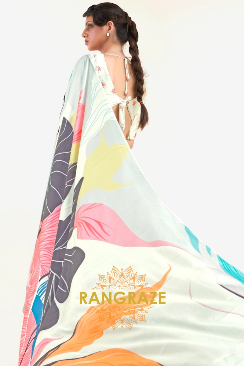 Multi Color Printed Satin Crepe Saree
