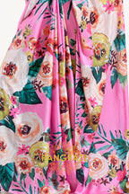 Rose Pink Blossom Printed Satin Crepe Saree
