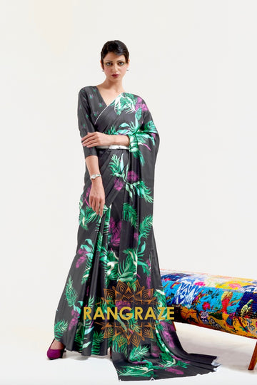 Ebony Black Leafy Printed Satin Crepe Saree