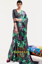 Ebony Black Leafy Printed Satin Crepe Saree