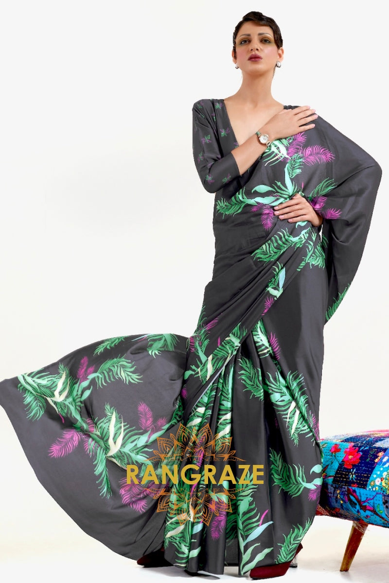 Ebony Black Leafy Printed Satin Crepe Saree