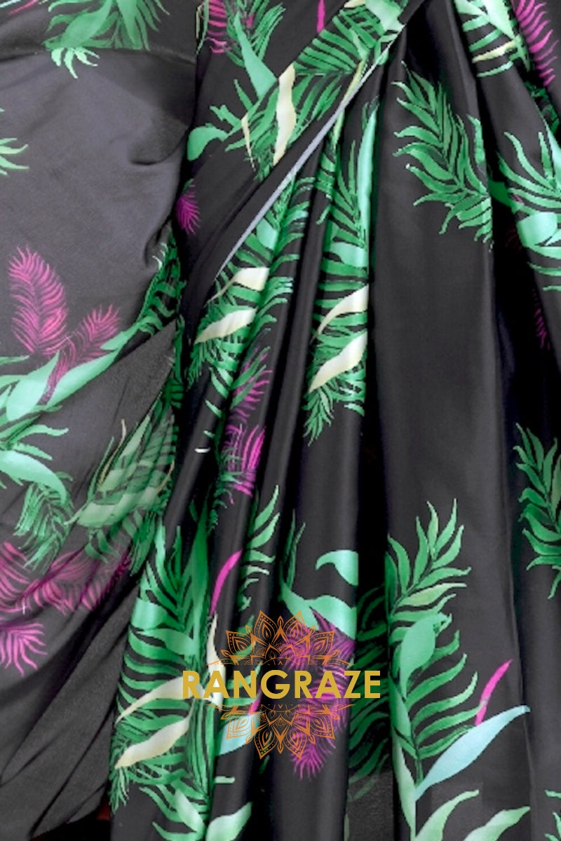 Ebony Black Leafy Printed Satin Crepe Saree