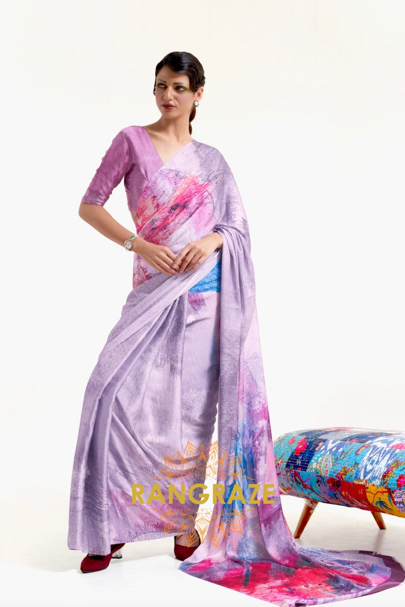 Lavender Purple Printed Satin Crepe Saree