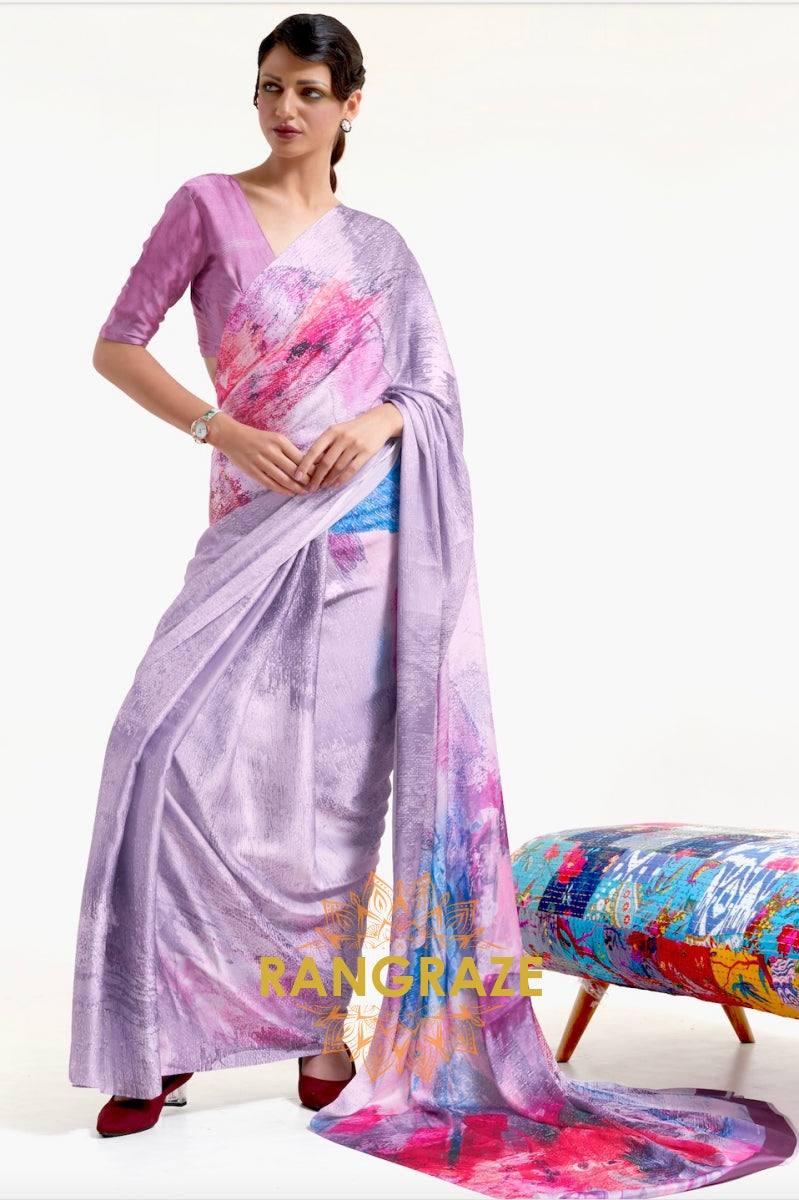 Lavender Purple Printed Satin Crepe Saree