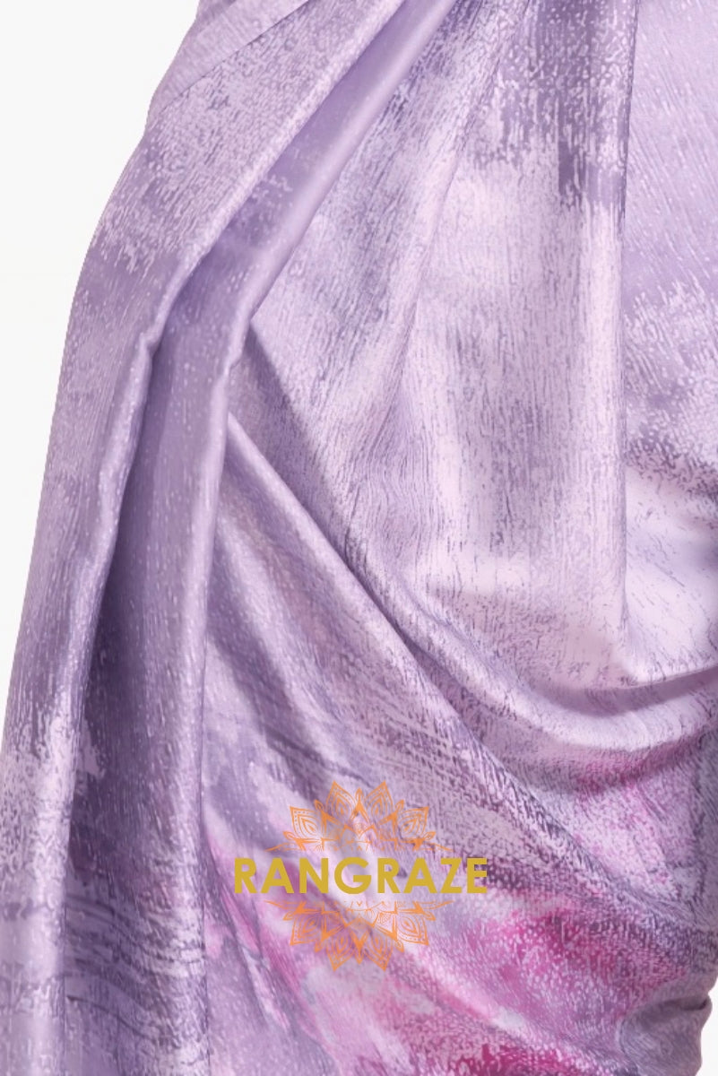 Lavender Purple Printed Satin Crepe Saree