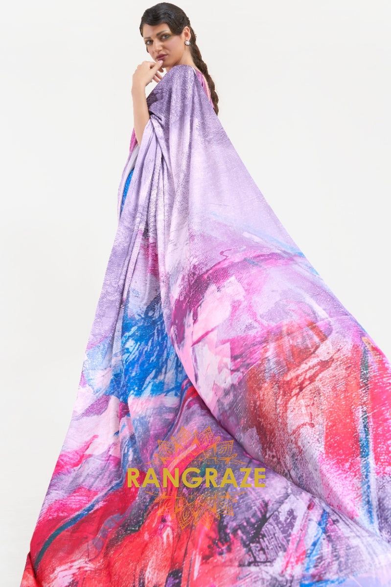 Lavender Purple Printed Satin Crepe Saree