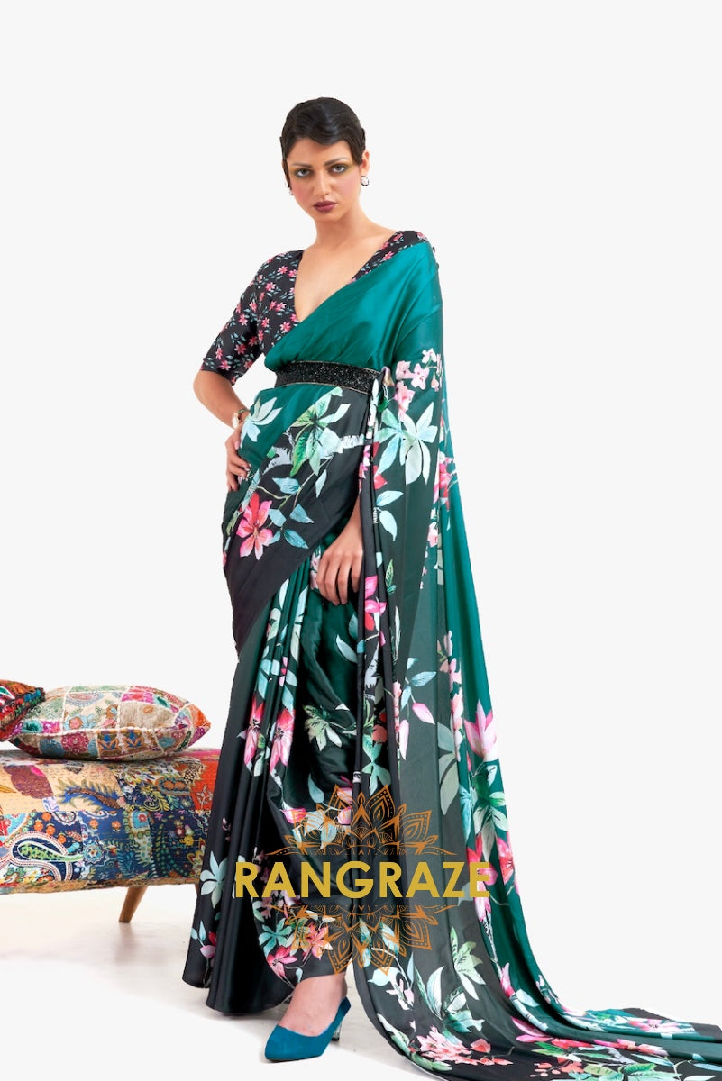 Teal Green Floral Whisper Satin Crepe Saree