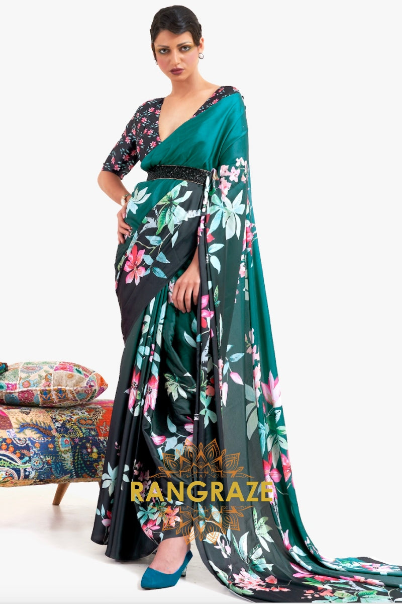 Teal Green Floral Whisper Satin Crepe Saree