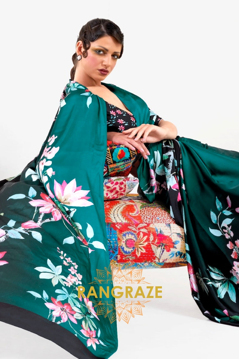 Teal Green Floral Whisper Satin Crepe Saree