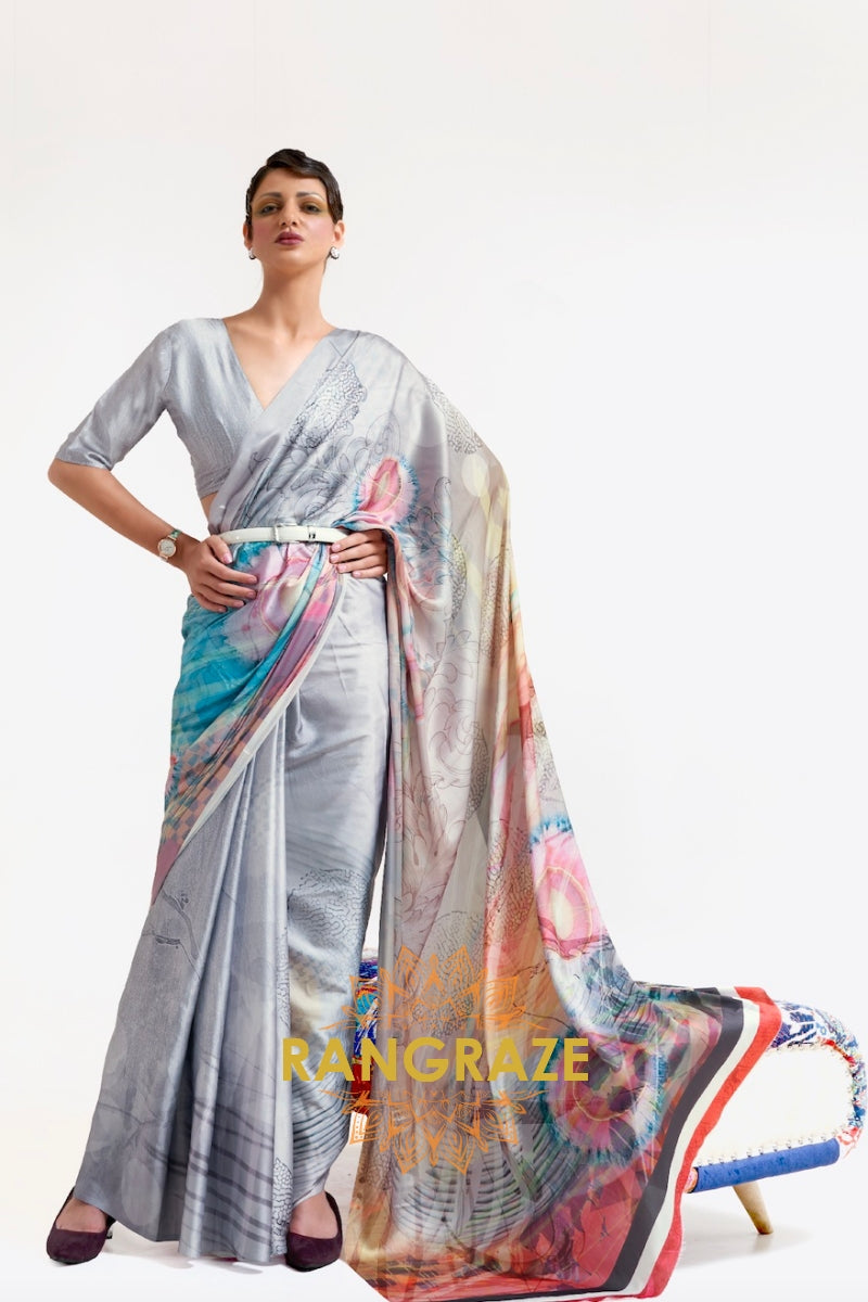 Cloudy Grey Printed Satin Crepe Saree