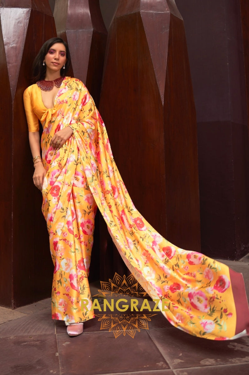 Canary Yellow Floral Print Satin Silk Saree