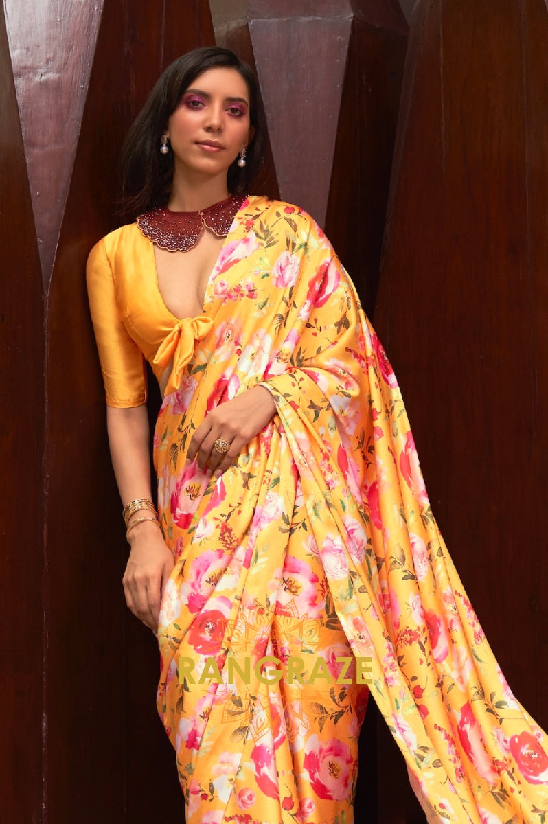 Canary Yellow Floral Print Satin Silk Saree