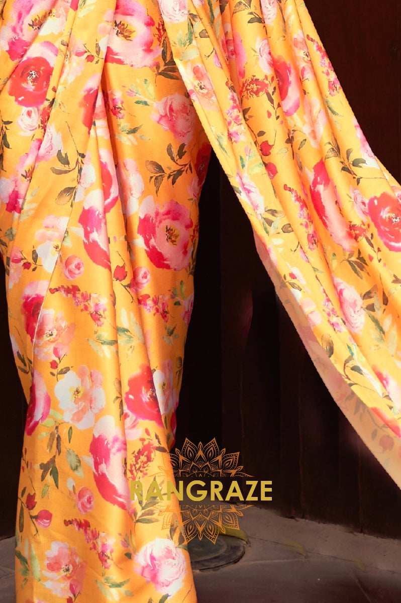 Canary Yellow Floral Print Satin Silk Saree