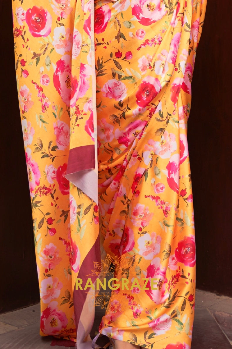 Canary Yellow Floral Print Satin Silk Saree