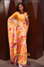 Canary Yellow Floral Print Satin Silk Saree
