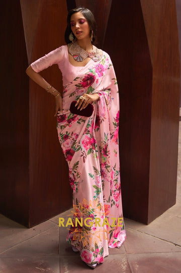 Baby Pink Floral Print Satin Silk Saree