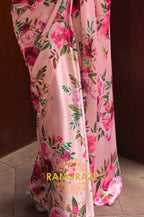 Baby Pink Floral Print Satin Silk Saree