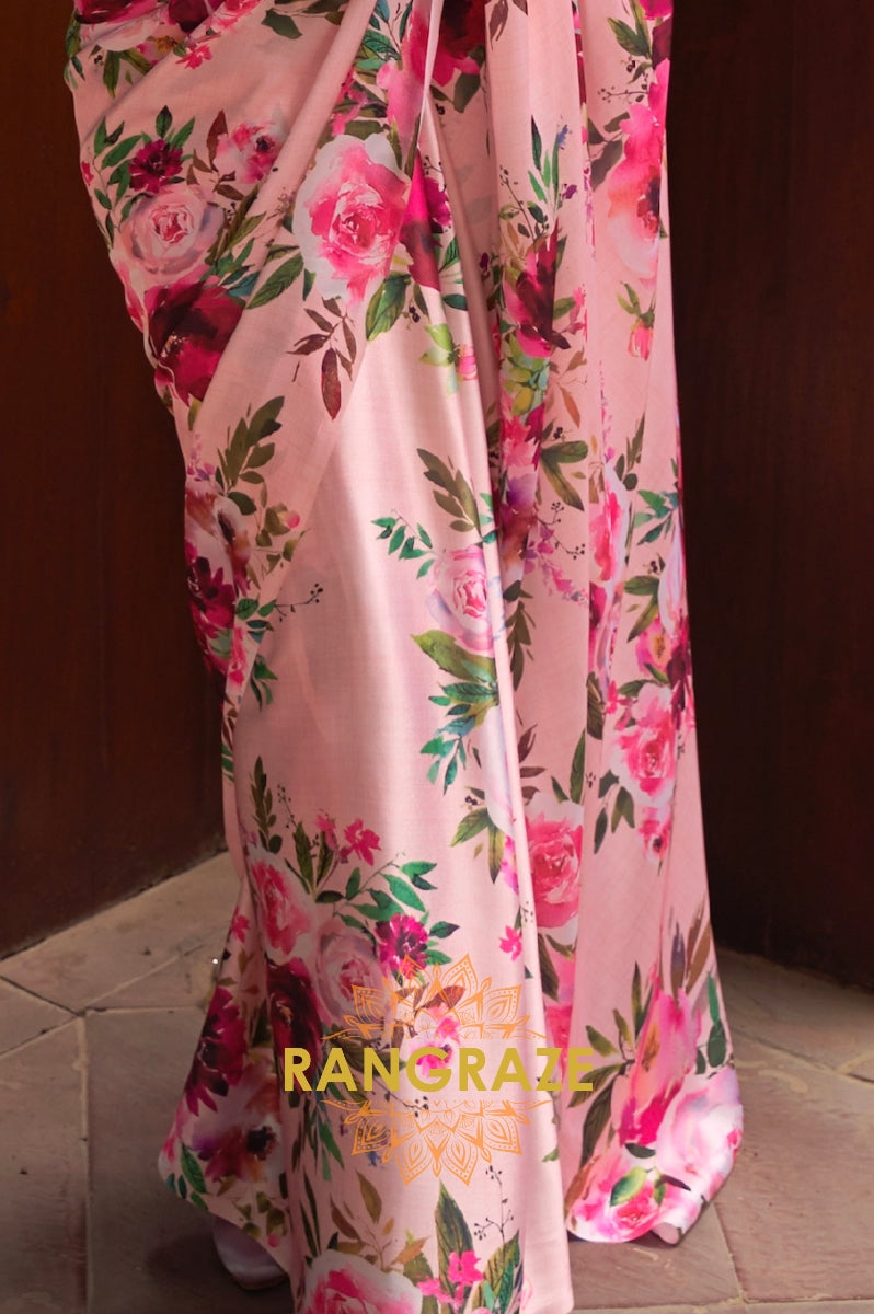 Baby Pink Floral Print Satin Silk Saree