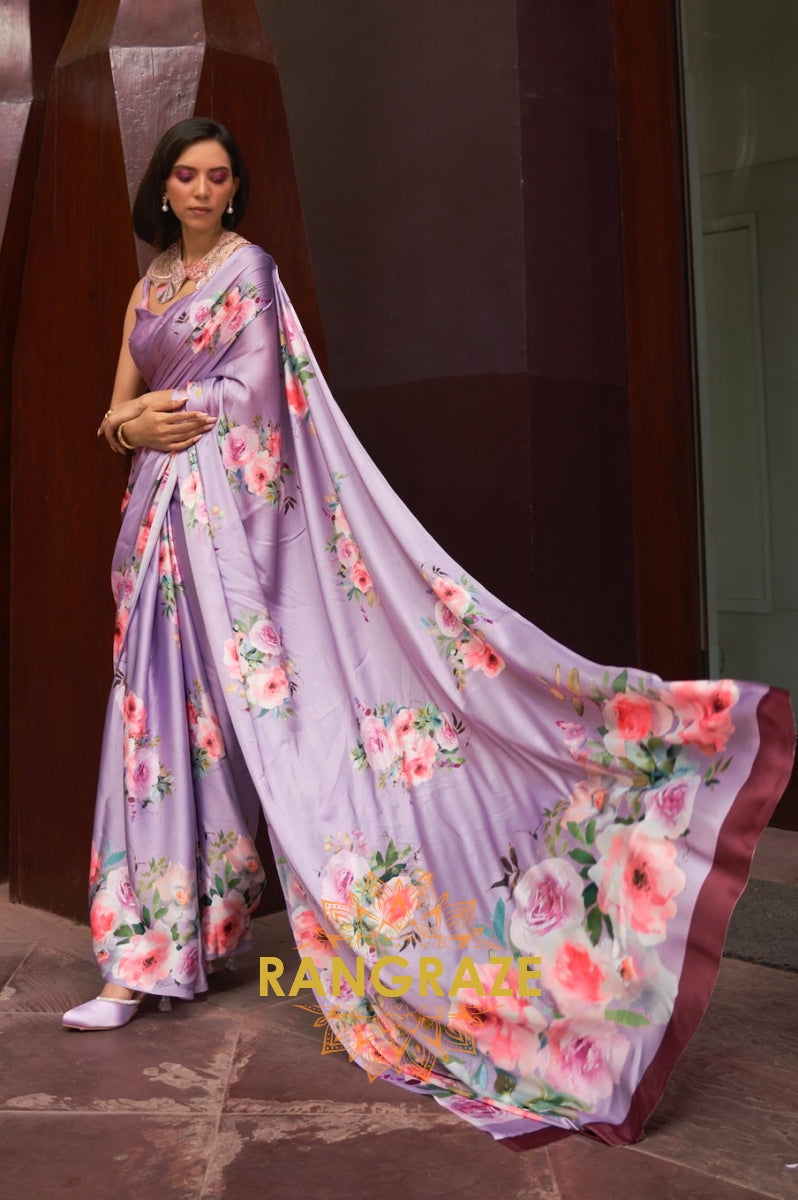 Grape Purple Floral Print Satin Silk Saree