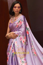 Grape Purple Floral Print Satin Silk Saree