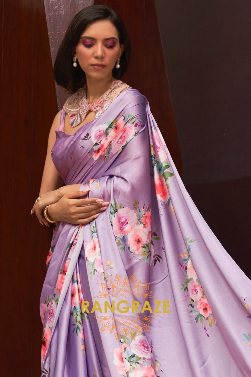Grape Purple Floral Print Satin Silk Saree