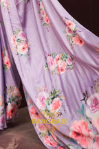 Grape Purple Floral Print Satin Silk Saree