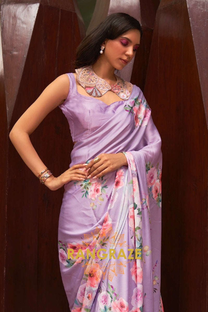 Grape Purple Floral Print Satin Silk Saree