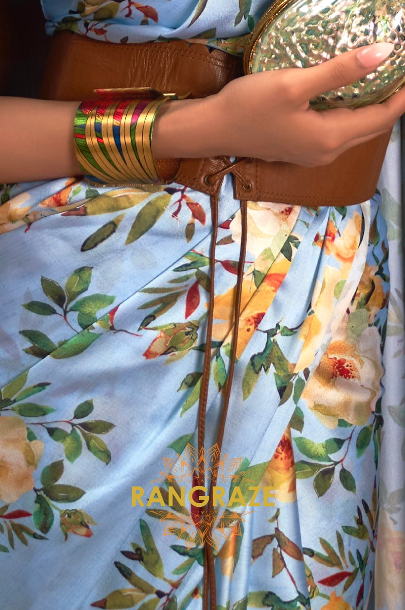 Sky Blue Floral Print Satin Silk Saree