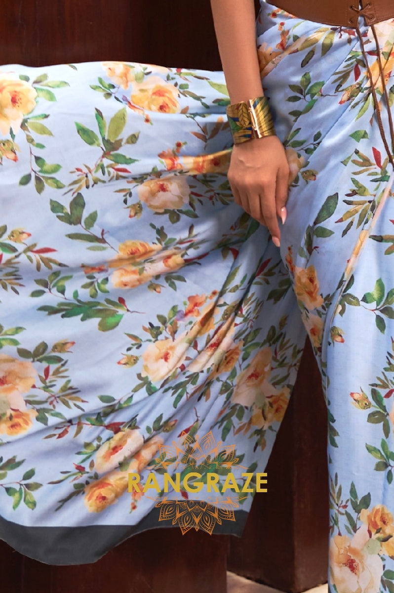 Sky Blue Floral Print Satin Silk Saree