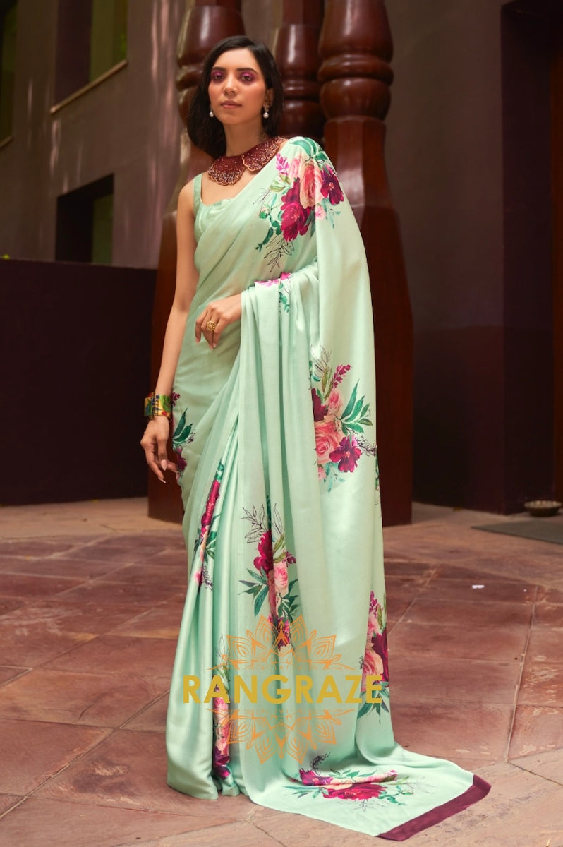 Light Green Floral Print Satin Silk Saree