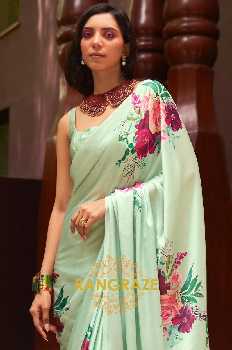 Light Green Floral Print Satin Silk Saree