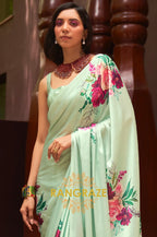 Light Green Floral Print Satin Silk Saree