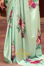 Light Green Floral Print Satin Silk Saree